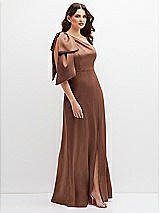 Side View Thumbnail - Cognac One-Shoulder Satin Maxi Dress with Chic Oversized Shoulder Bow