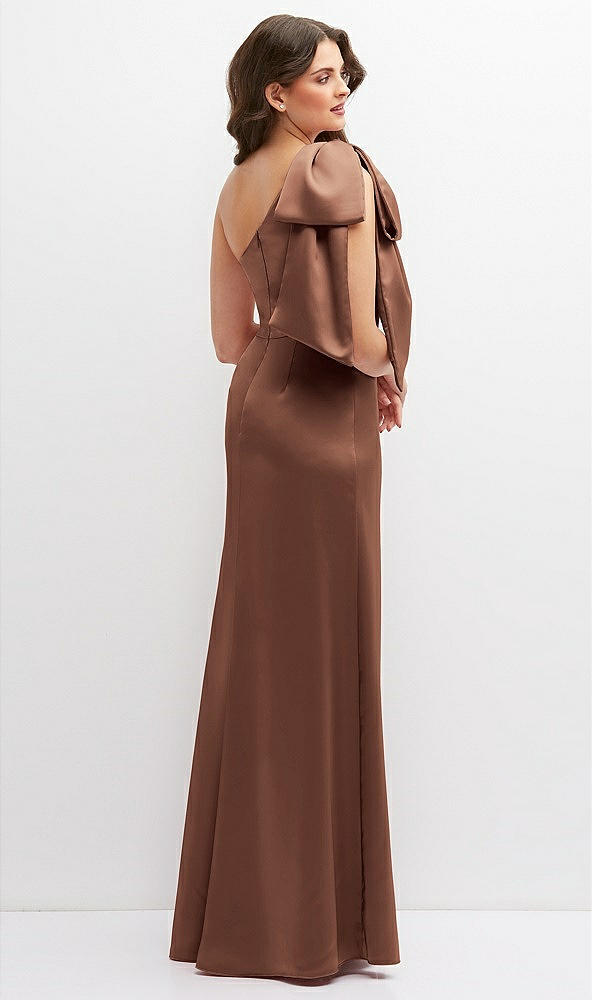 Back View - Cognac One-Shoulder Satin Maxi Dress with Chic Oversized Shoulder Bow