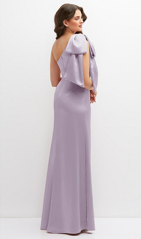 Back View - Lilac Haze One-Shoulder Satin Maxi Dress with Chic Oversized Shoulder Bow