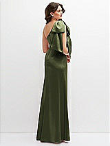 Rear View Thumbnail - Olive Green One-Shoulder Satin Maxi Dress with Chic Oversized Shoulder Bow