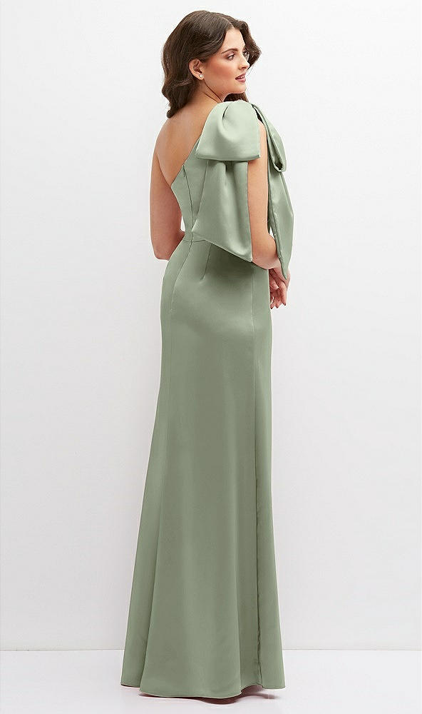 Back View - Sage One-Shoulder Satin Maxi Dress with Chic Oversized Shoulder Bow