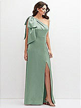 Front View Thumbnail - Seagrass One-Shoulder Satin Maxi Dress with Chic Oversized Shoulder Bow