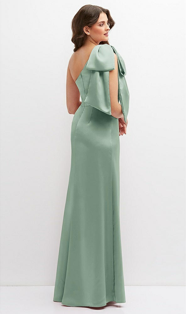 Back View - Seagrass One-Shoulder Satin Maxi Dress with Chic Oversized Shoulder Bow