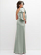 Rear View Thumbnail - Willow Green One-Shoulder Satin Maxi Dress with Chic Oversized Shoulder Bow
