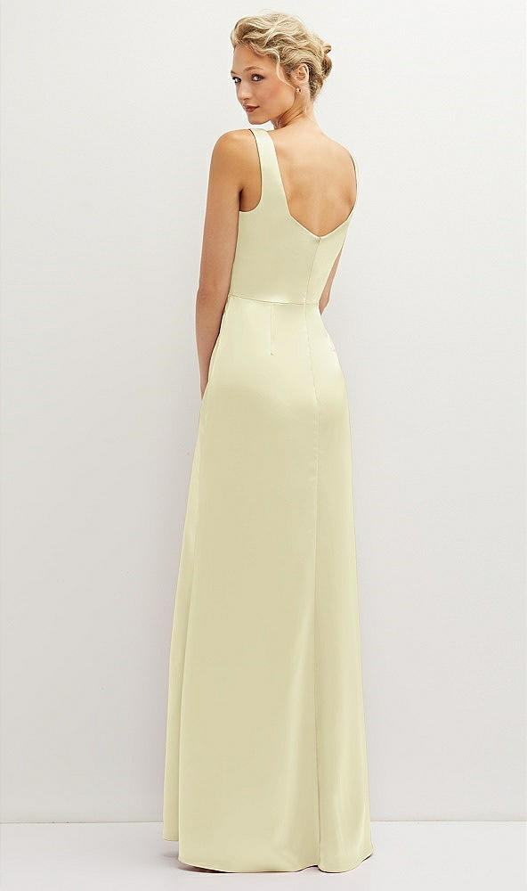 Back View - Butter Yellow Square-Neck Satin A-line Maxi Dress with Front Slit