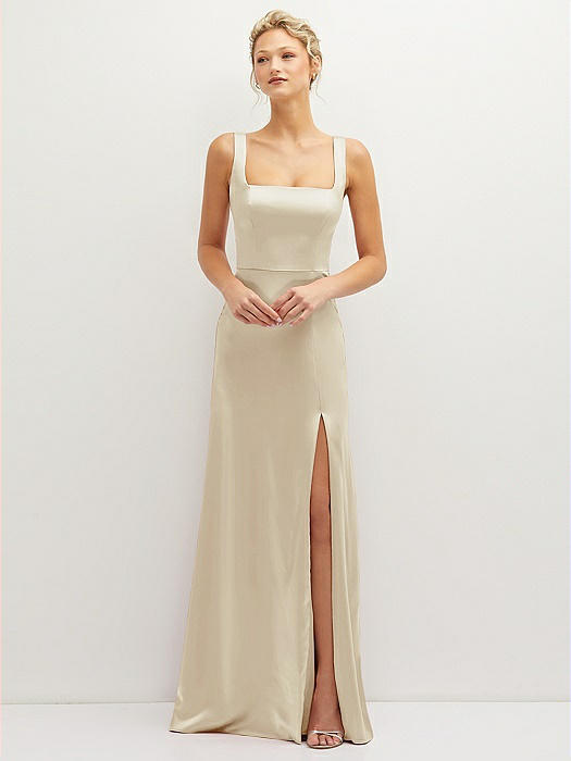 Square-Neck Satin A-line Maxi Dress with Front Slit