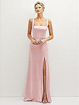 Front View Thumbnail - Ballet Pink Square-Neck Satin A-line Maxi Dress with Front Slit
