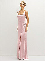 Side View Thumbnail - Ballet Pink Square-Neck Satin A-line Maxi Dress with Front Slit