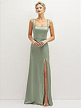 Front View Thumbnail - Sage Square-Neck Satin A-line Maxi Dress with Front Slit