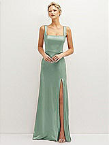 Front View Thumbnail - Seagrass Square-Neck Satin A-line Maxi Dress with Front Slit