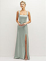 Front View Thumbnail - Willow Green Square-Neck Satin A-line Maxi Dress with Front Slit