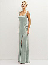 Side View Thumbnail - Willow Green Square-Neck Satin A-line Maxi Dress with Front Slit