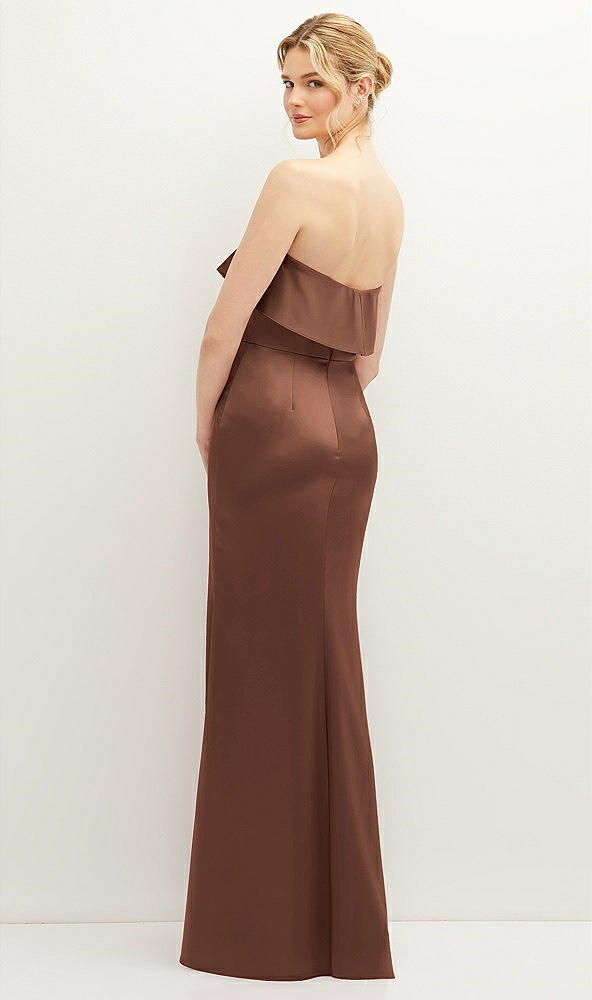 Back View - Cognac Soft Ruffle Cuff Strapless Trumpet Dress with Front Slit
