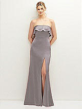 Front View Thumbnail - Cashmere Gray Soft Ruffle Cuff Strapless Trumpet Dress with Front Slit