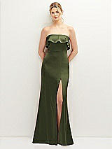 Front View Thumbnail - Olive Green Soft Ruffle Cuff Strapless Trumpet Dress with Front Slit