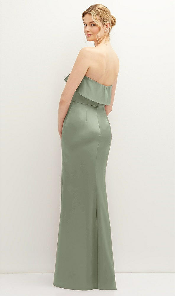 Back View - Sage Soft Ruffle Cuff Strapless Trumpet Dress with Front Slit
