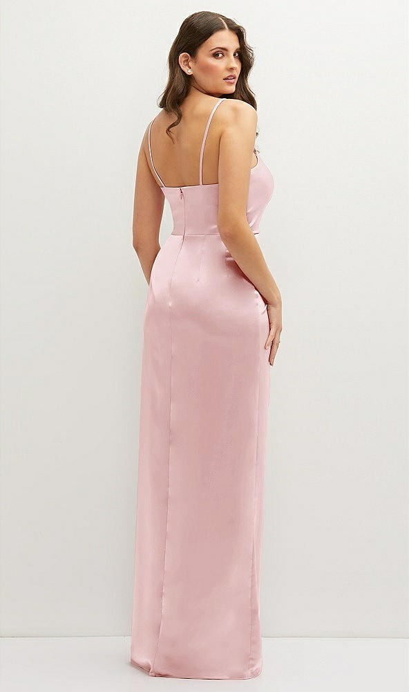 Back View - Ballet Pink Asymmetrical Draped Pleat Wrap Satin Maxi Dress