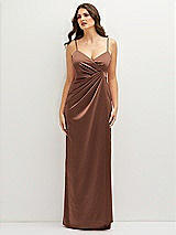 Front View Thumbnail - Cognac Asymmetrical Draped Pleat Wrap Satin Maxi Dress