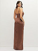 Rear View Thumbnail - Cognac Asymmetrical Draped Pleat Wrap Satin Maxi Dress