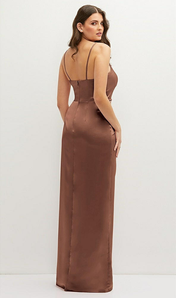 Back View - Cognac Asymmetrical Draped Pleat Wrap Satin Maxi Dress