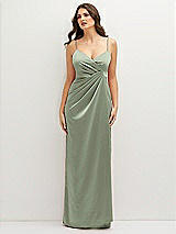 Front View Thumbnail - Sage Asymmetrical Draped Pleat Wrap Satin Maxi Dress