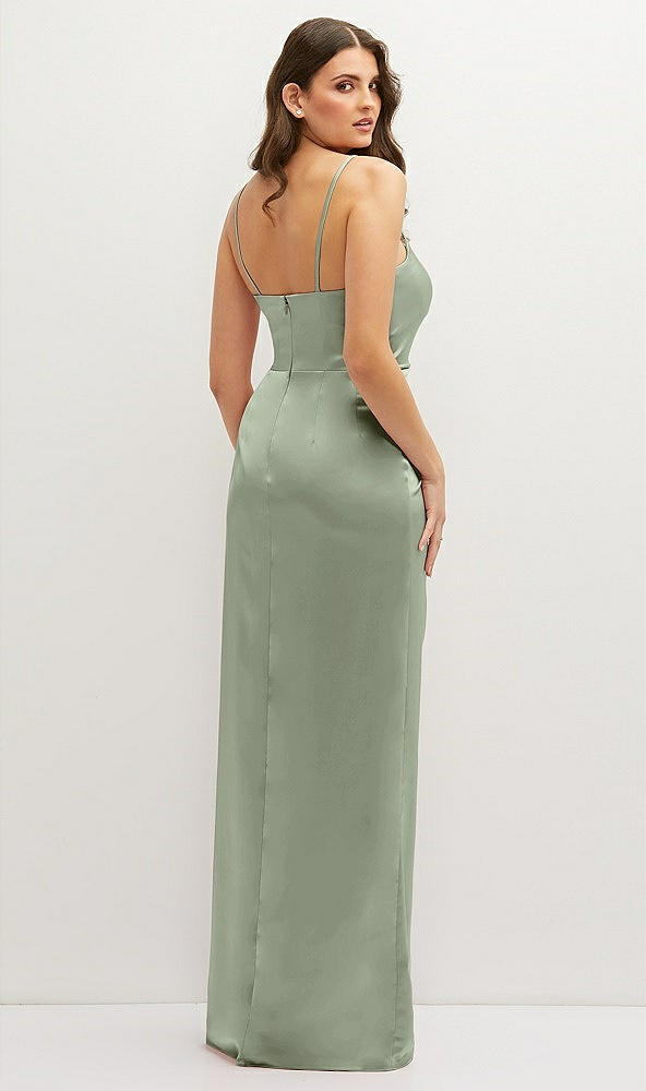 Back View - Sage Asymmetrical Draped Pleat Wrap Satin Maxi Dress