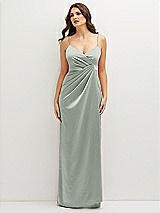 Front View Thumbnail - Willow Green Asymmetrical Draped Pleat Wrap Satin Maxi Dress