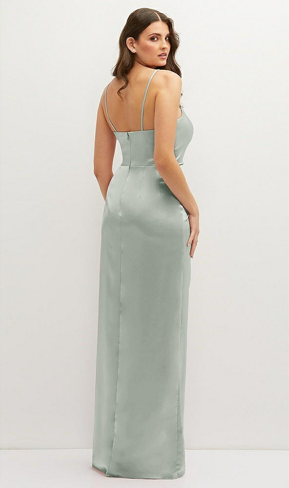 Back View - Willow Green Asymmetrical Draped Pleat Wrap Satin Maxi Dress