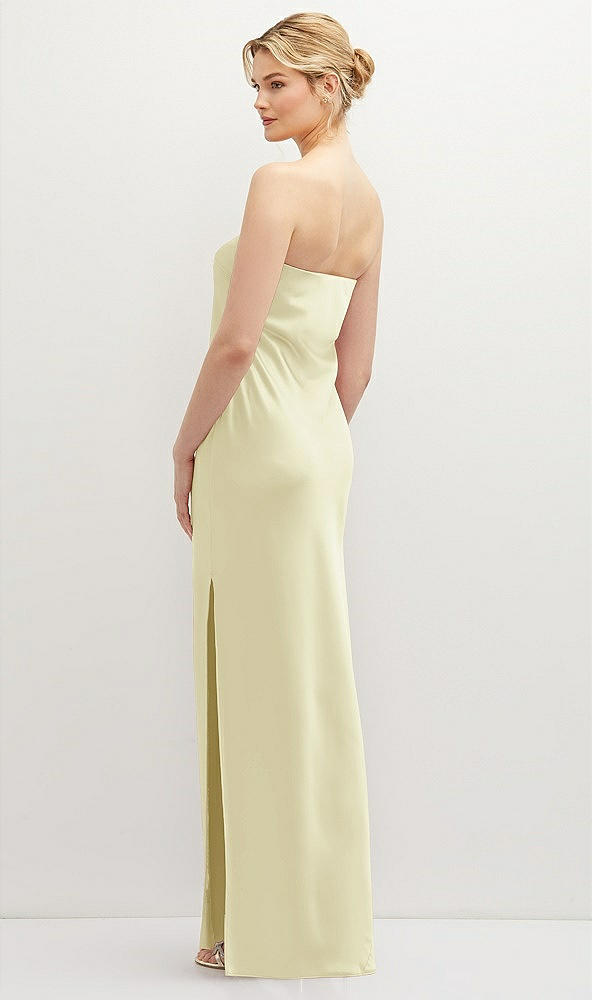 Back View - Butter Yellow Strapless Pull-On Satin Column Dress with Side Seam Slit
