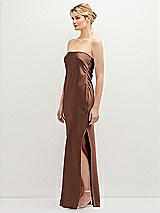 Side View Thumbnail - Cognac Strapless Pull-On Satin Column Dress with Side Seam Slit