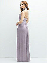 Rear View Thumbnail - Metallic Lilac Haze Band Collar Halter Open-Back Metallic Pleated Maxi Dress