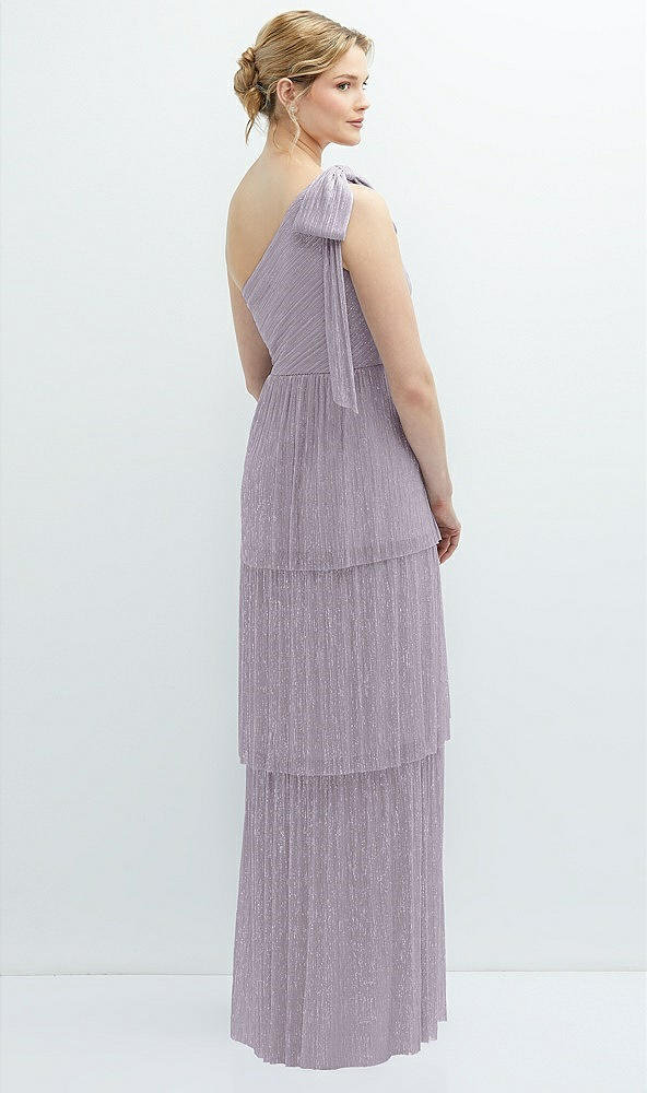 Back View - Metallic Lilac Haze Tiered Skirt Metallic Pleated One-Shoulder Bow Dress
