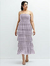 Front View Thumbnail - Metallic Lilac Haze Ruffle Tiered Skirt Metallic Pleated Strapless Midi Dress