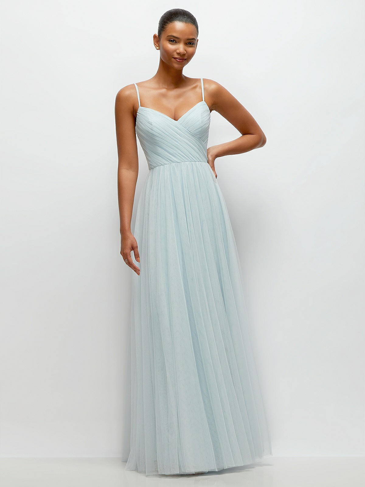 Ruched Wrap Bodice Tulle Maxi Bridesmaid Dress With Full Skirt In