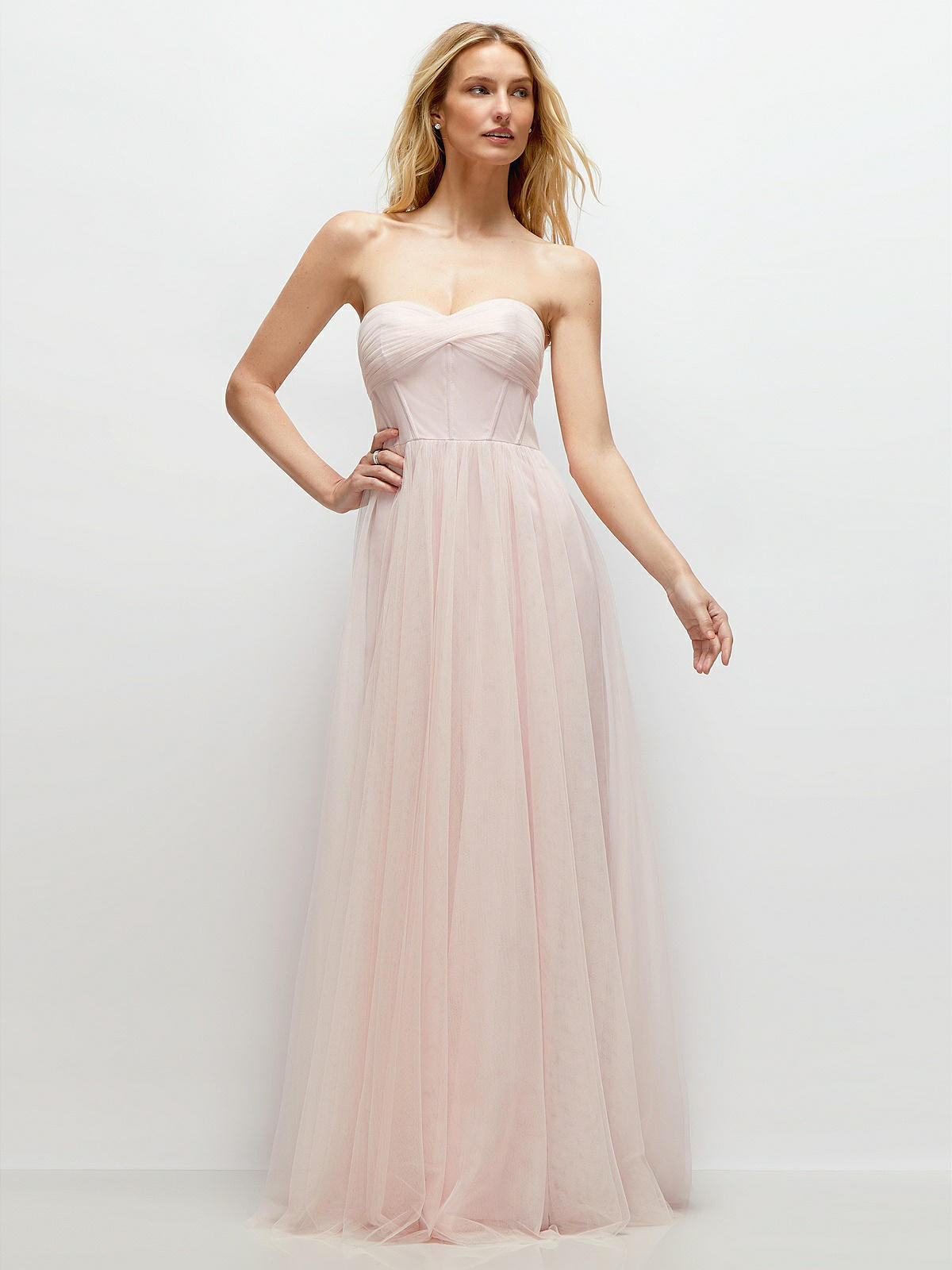 Strapless Twist Cup Tulle Corset Bridesmaid Dress With Full Maxi