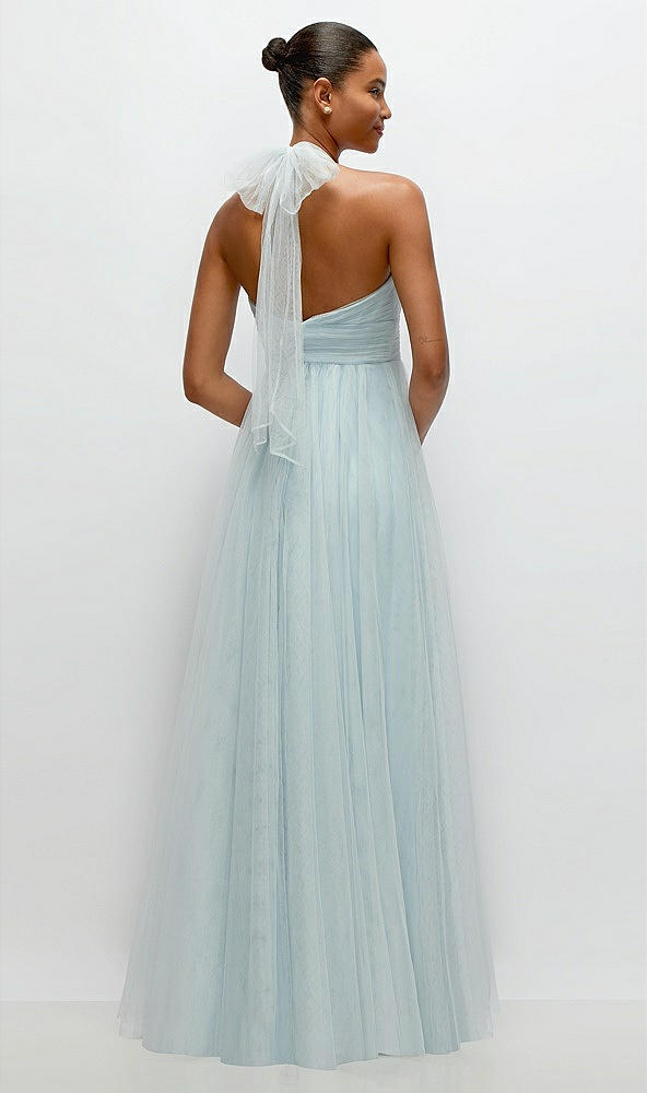 Back View - Mist Tie-Back Halter Tulle Maxi Dress with Full Skirt & Rosette Detail