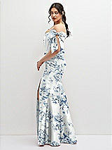 Side View Thumbnail - Cottage Rose Larkspur Off-the-Shoulder Bow Floral Satin Corset Dress with Fit and Flare Skirt