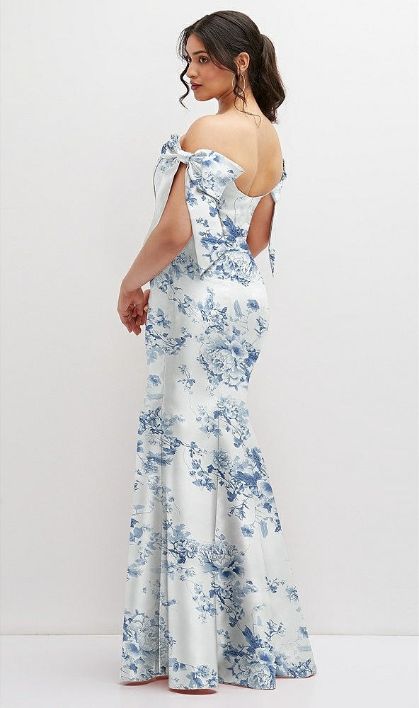 Back View - Cottage Rose Larkspur Off-the-Shoulder Bow Floral Satin Corset Dress with Fit and Flare Skirt