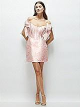 Front View Thumbnail - Bow And Blossom Print Floral Satin Off-the-Shoulder Bow Corset Fit and Flare Mini Dress