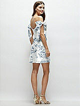Rear View Thumbnail - Cottage Rose Larkspur Floral Satin Off-the-Shoulder Bow Corset Fit and Flare Mini Dress