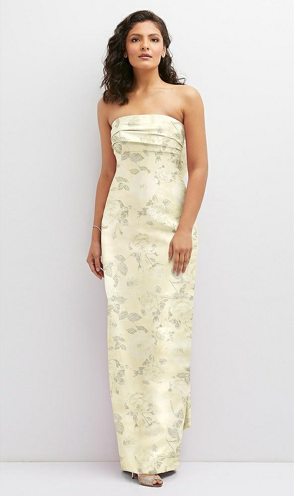 Front View - Butter Yellow Floral Floral Strapless Draped Bodice Column Dress with Oversized Bow
