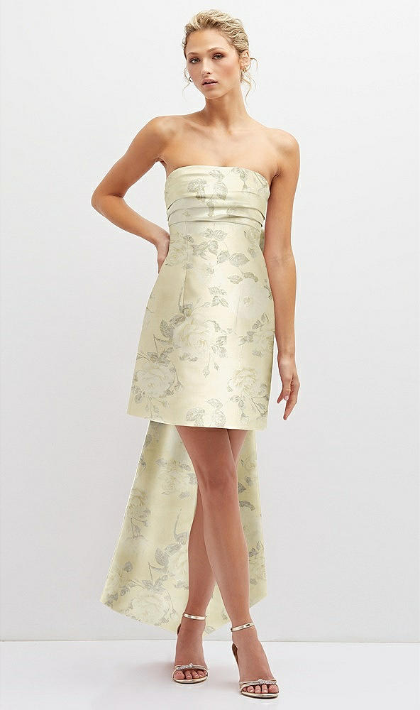 Front View - Butter Yellow Floral Floral Strapless Satin Column Mini Dress with Oversized Bow