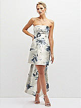 Front View Thumbnail - Inkwash Blue Floral Floral Strapless Satin Column Mini Dress with Oversized Bow