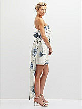Side View Thumbnail - Inkwash Blue Floral Floral Strapless Satin Column Mini Dress with Oversized Bow
