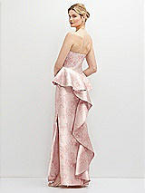 Rear View Thumbnail - Bow And Blossom Print Floral Strapless Satin Maxi Dress with Cascade Ruffle Peplum Detail
