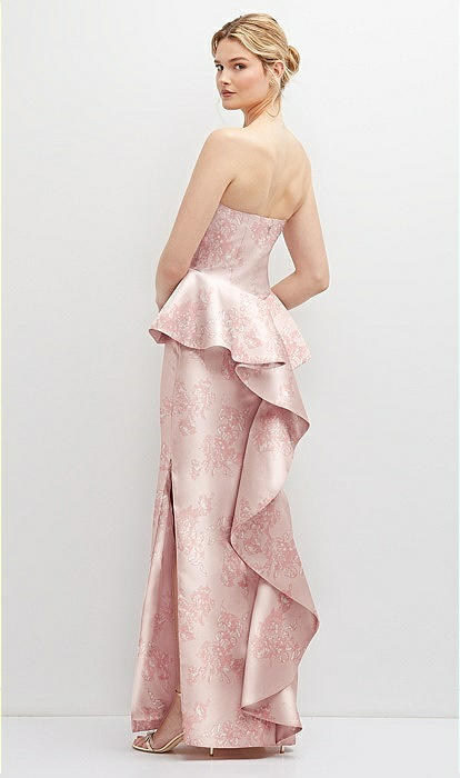 Floral Strapless Satin Maxi Bridesmaid Dress With Cascade Floral Strapless Satin Maxi Bridesmaid Dress With Cascade
