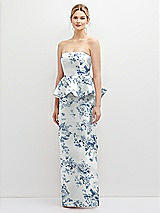 Front View Thumbnail - Cottage Rose Larkspur Floral Strapless Satin Maxi Dress with Cascade Ruffle Peplum Detail