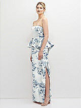 Side View Thumbnail - Cottage Rose Larkspur Floral Strapless Satin Maxi Dress with Cascade Ruffle Peplum Detail
