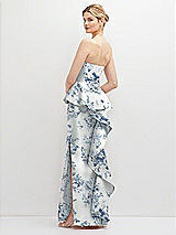 Rear View Thumbnail - Cottage Rose Larkspur Floral Strapless Satin Maxi Dress with Cascade Ruffle Peplum Detail
