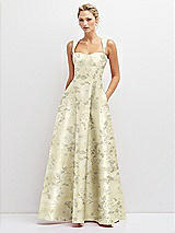 Front View Thumbnail - Butter Yellow Floral Floral Lace-Up Back Bustier Satin Dress with Full Skirt and Pockets